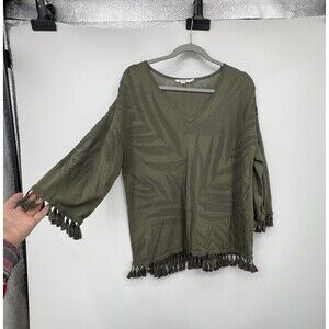 Chicos Palm Leaf Open Knit Lightweight Sweater Top Size L Olive Tassel Hem Boho